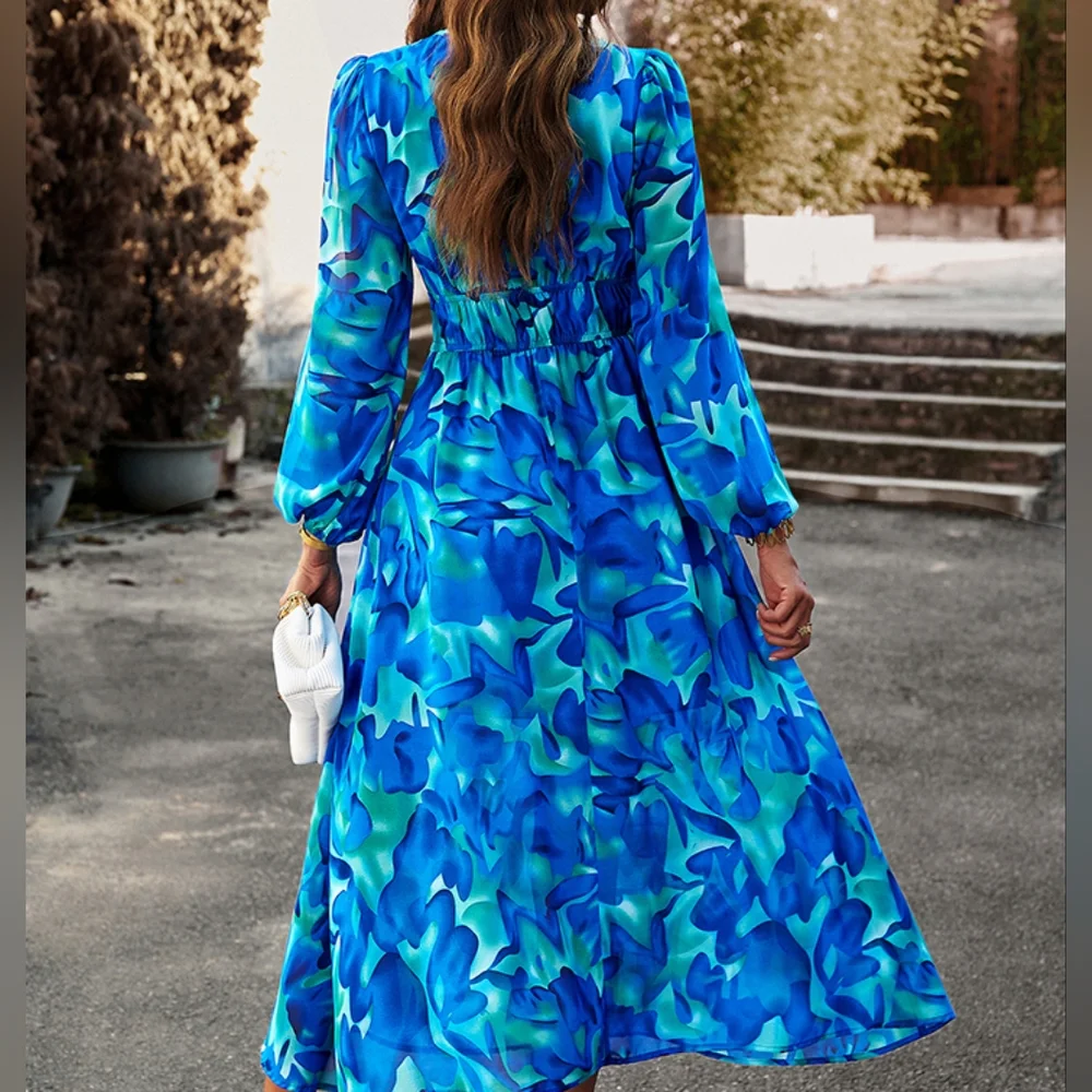 Boho Printed V-Neck Long Sleeve Midi Dress